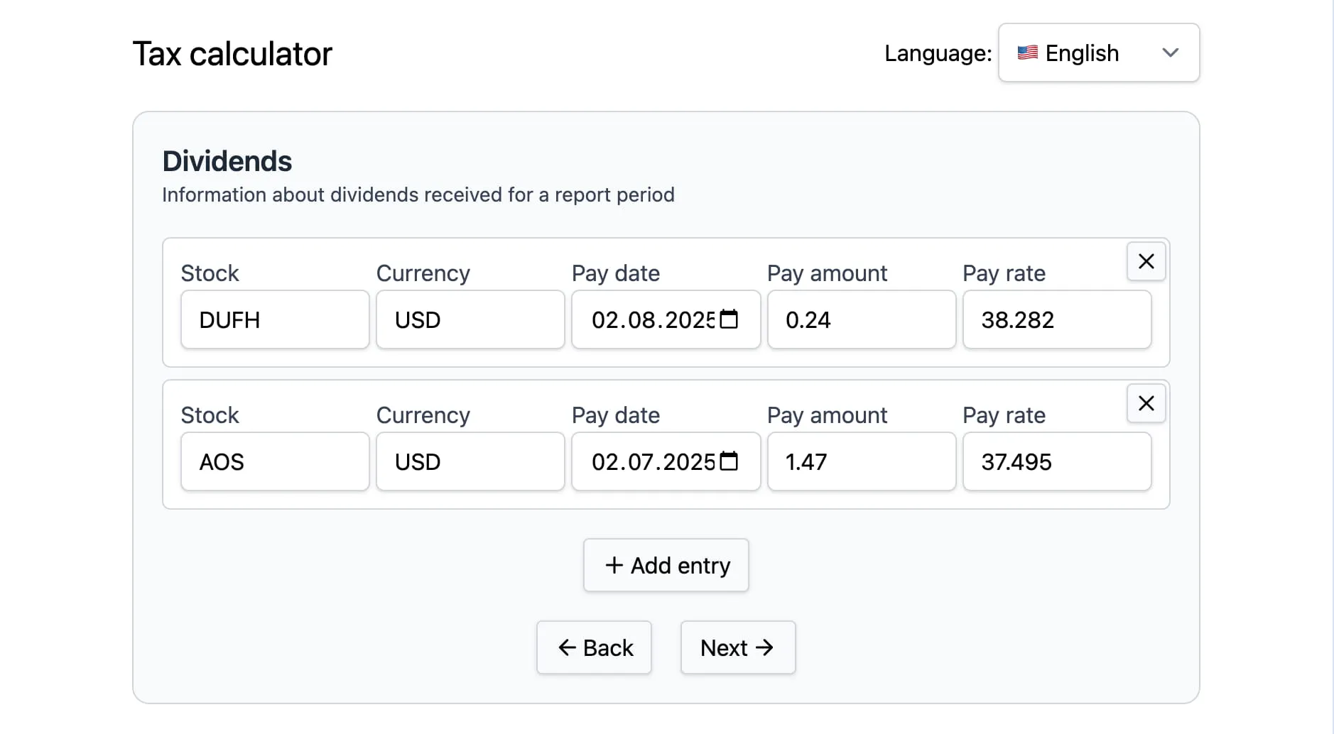 Dividends step of the wizard Dividends step of the tax calculation wizard