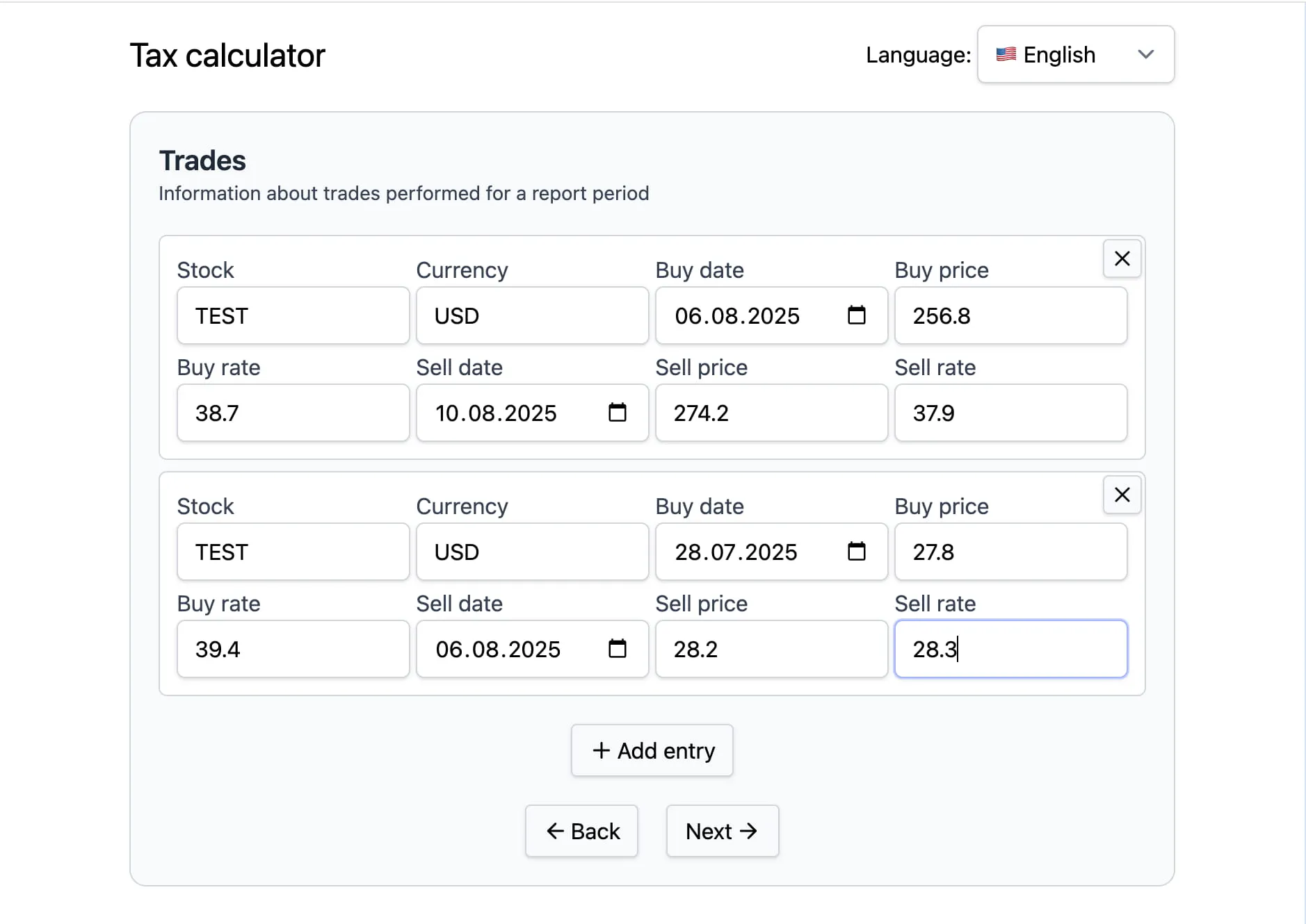 Trades step of the wizard Trades step of the tax calculation wizard